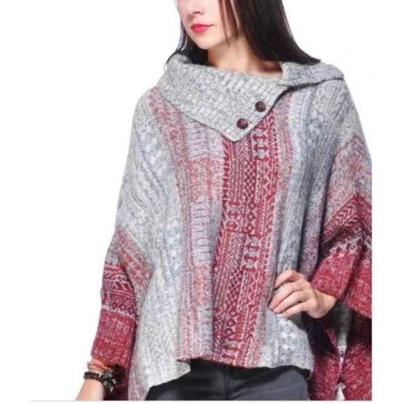 Free People Faire Isle Pink Gray Willow Poncho Turtleneck Sweater Size Small - Picture 1 of 12